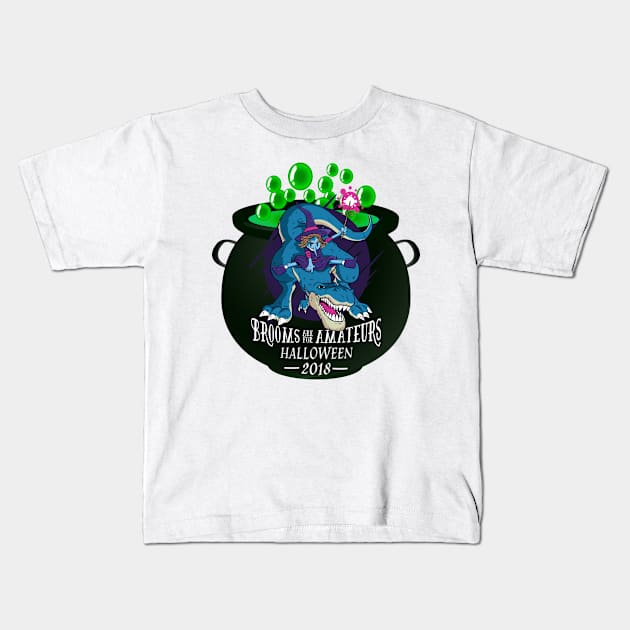 Funny Witch on Dinosaur Brooms are for Amateurs Kids T-Shirt by gillys